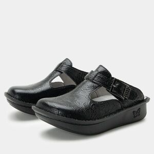Women's Black Embossed Mary Jane Clogs with Buckle